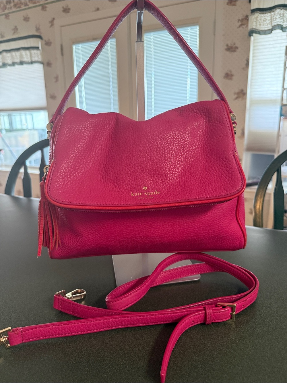 kate spade Hot Pink Leather Shoulder Bag with Tassel and Crossbody Strap